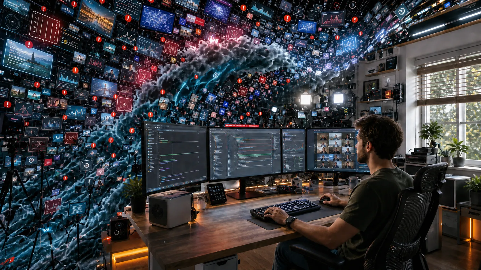 A developer working as a wave of AI noise closes in