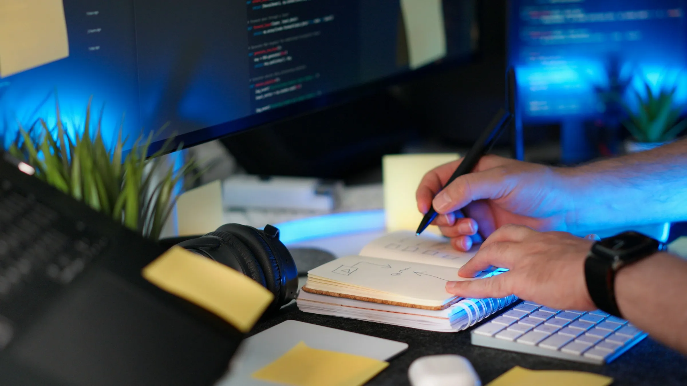 A developer checks notes against the code